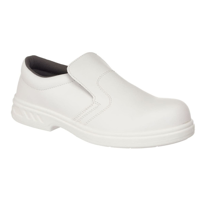 A white slip-on safety shoe with a smooth finish and a black interior, featuring a logo on the side.