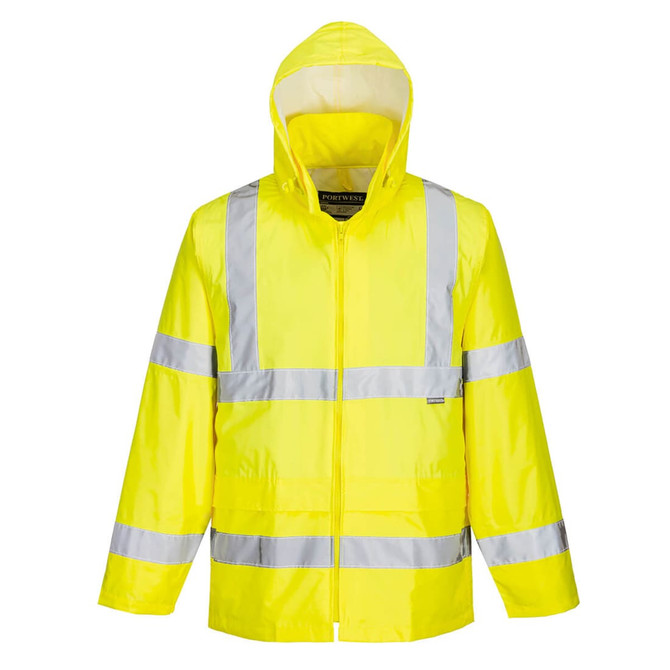 A bright yellow Hi-Vis rain jacket with reflective stripes and a hood, featuring a logo on the front.