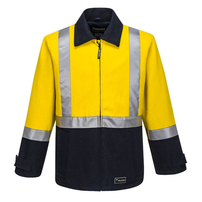 A bright yellow and navy blue work jacket featuring reflective strips and a logo. Ideal for workwear applications.
