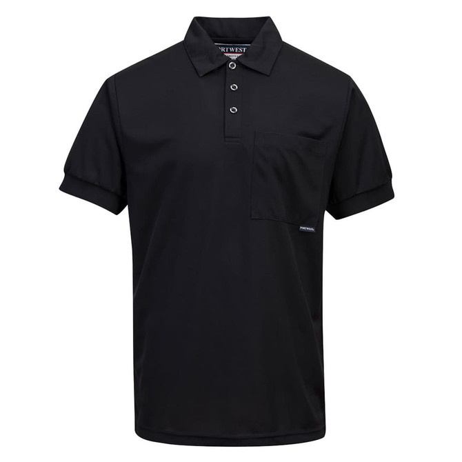 A black Micro Mesh Polo Shirt with short sleeves, featuring a pocket and a logo on the hem.