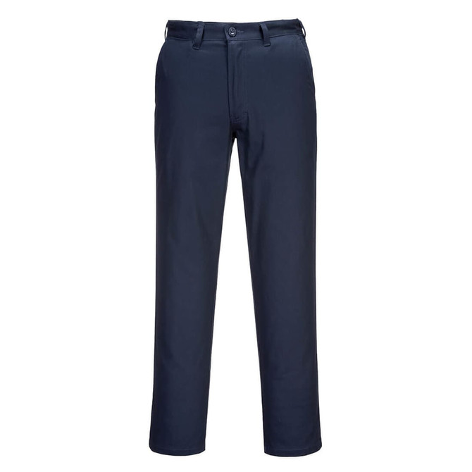 Lightweight work pants in navy blue, featuring a classic design and button closure, with a small logo on the waistband.