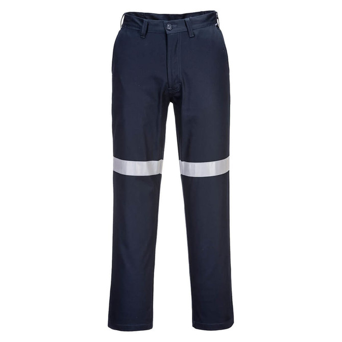 Navy work pants with a reflective strip across the legs and a waistband, featuring a logo.