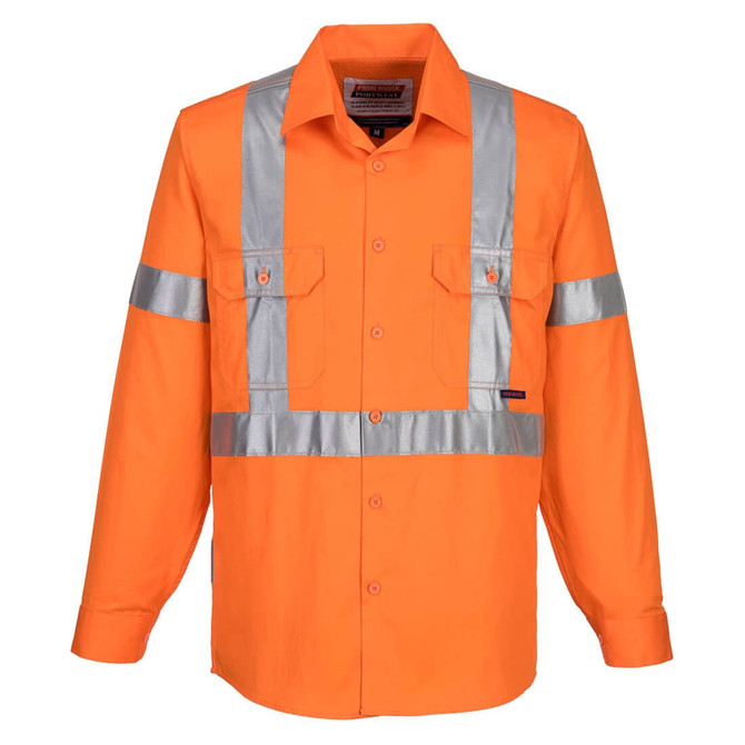 An orange long-sleeved work shirt with silver reflective stripes and two front pockets, featuring a logo.