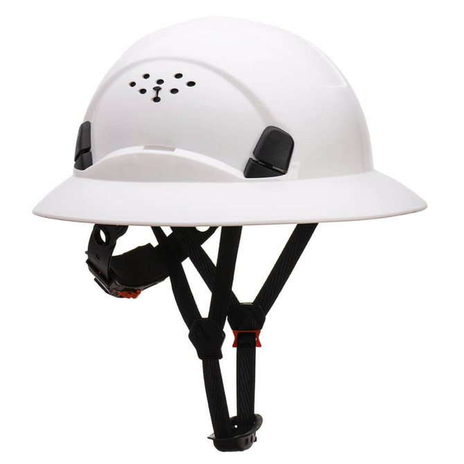 A white full brim hard hat with adjustable straps and ventilation holes, featuring a logo on the front.