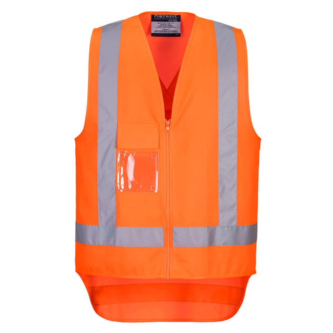 An orange hi-vis vest featuring reflective stripes and a clear pocket. The vest has a front zipper and branding.