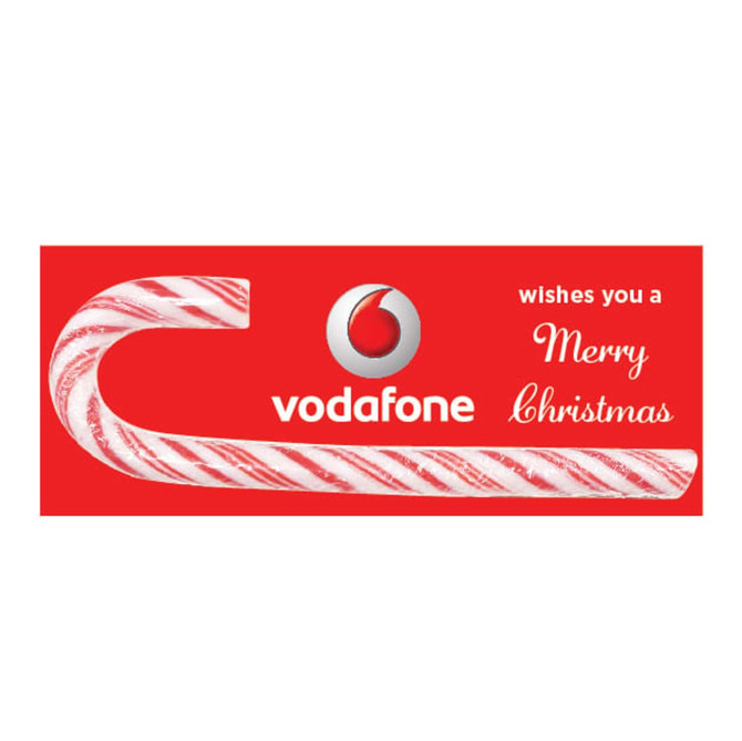 A red card featuring a white candy cane design, with a logo and festive greeting.