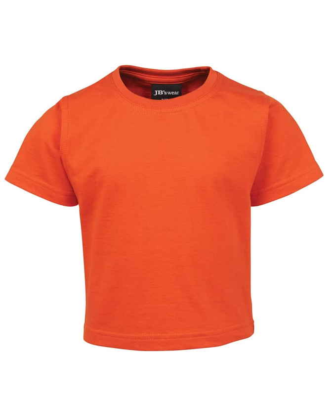 An orange infant t-shirt with short sleeves and a round neckline, featuring a logo on the inside label.