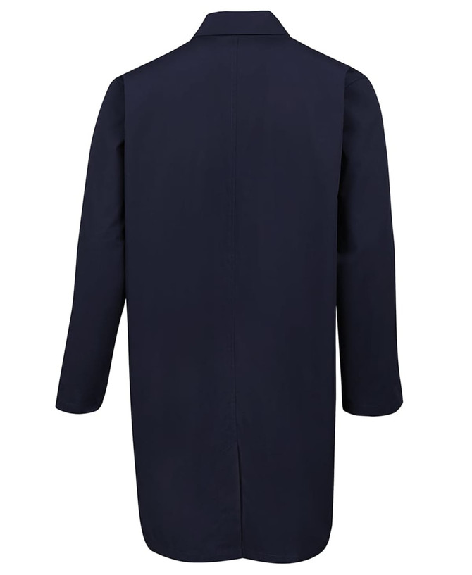 A navy lab coat with long sleeves and a back vent, featuring a collar and branding details. A navy lab coat with long sleeves and a back vent, featuring a collar and branding details.