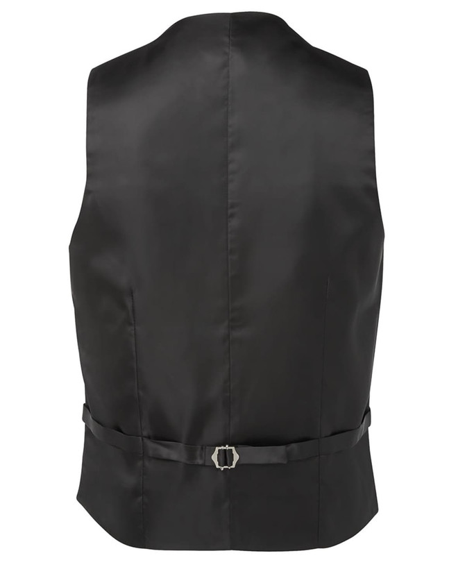 A black waiting vest with a smooth finish, featuring a belt and buckle detail at the back.
