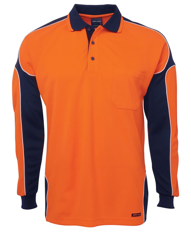 An orange and navy long-sleeve polo shirt with a pocket and a logo. Suitable for workwear.