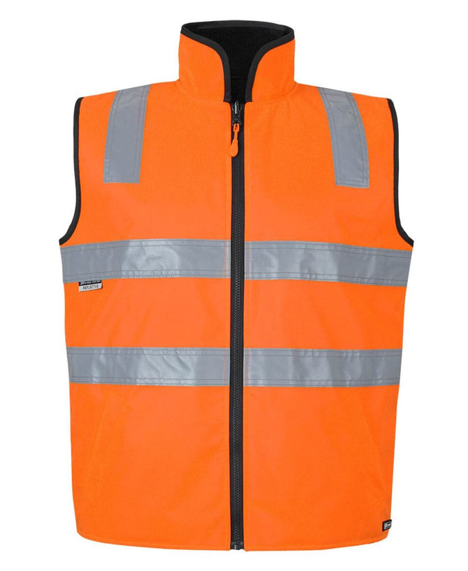 An orange safety vest featuring reflective stripes, designed for visibility and safety, with a front zipper and black collar.
