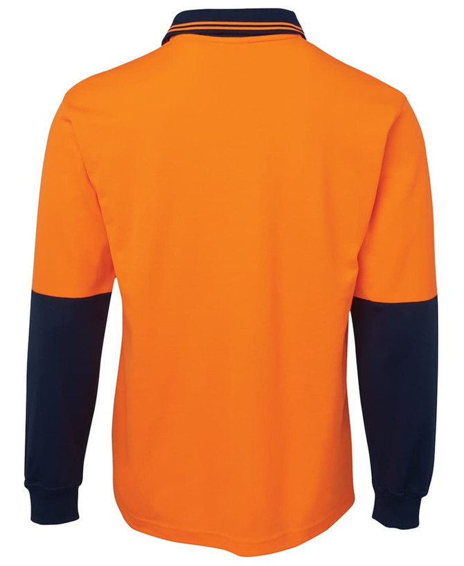 An orange long-sleeve polo shirt featuring dark blue sleeves and a collar. It has a logo on the front.