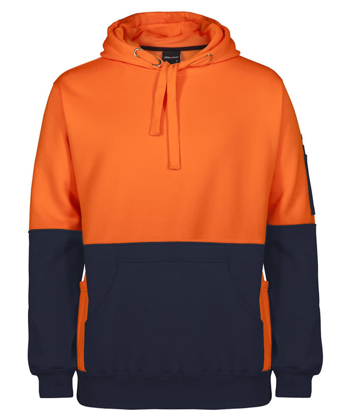 An orange and navy pullover hoodie featuring a front pocket and a logo on the sleeve.