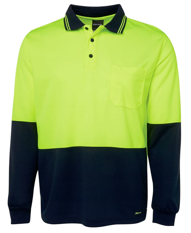 A high-visibility long sleeve polo shirt in bright yellow and navy blue, featuring a chest pocket and logo.