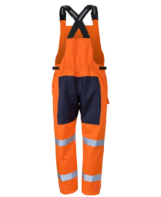 An orange bib and brace with black accents and reflective stripes, featuring shoulder straps and multiple pockets.