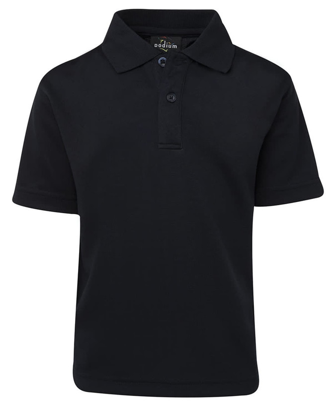 A short-sleeved polo shirt in black with a two-button placket and branding on the collar.