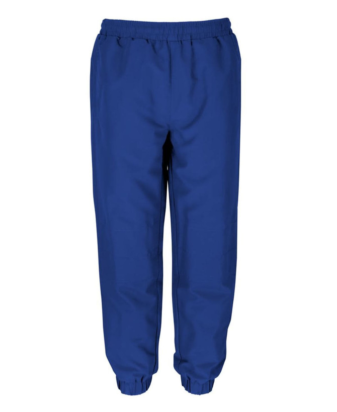 Blue track pants with an elastic waistband and cuffed legs, featuring a logo on the side.