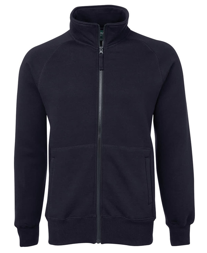 A full zip jumper in black with a high collar and two front pockets. It features a logo on the chest.