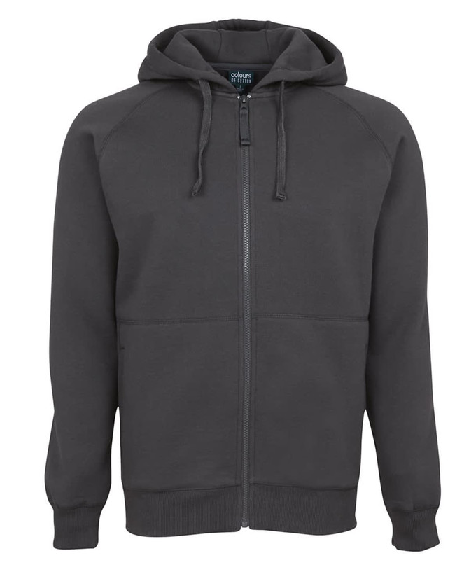 A dark grey hoodie with a zip, featuring a hood and front pockets. It has a logo on the label.