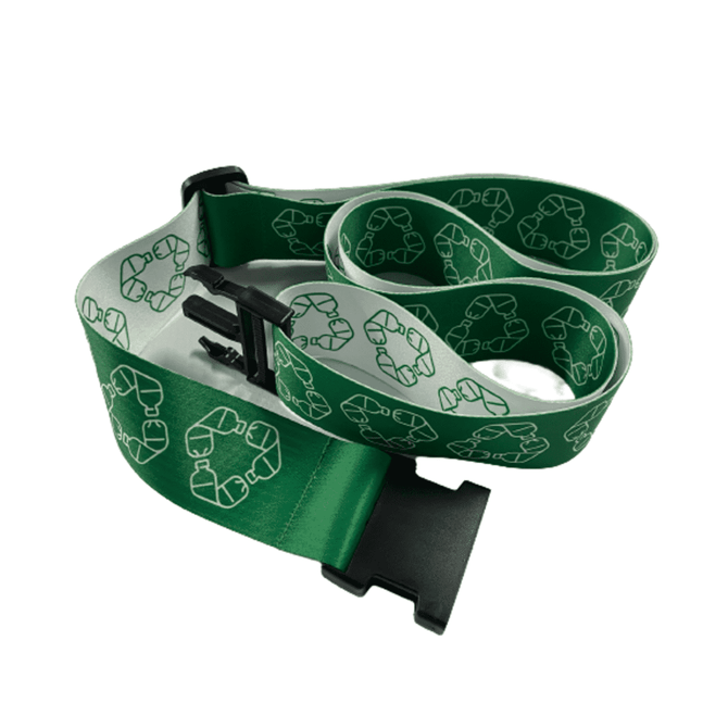A green rPET luggage strap featuring a recycling symbol design and a black buckle. It includes a logo branding.