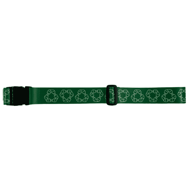 A green rPET luggage strap featuring a recycling symbol pattern and a plastic buckle, with a logo present.