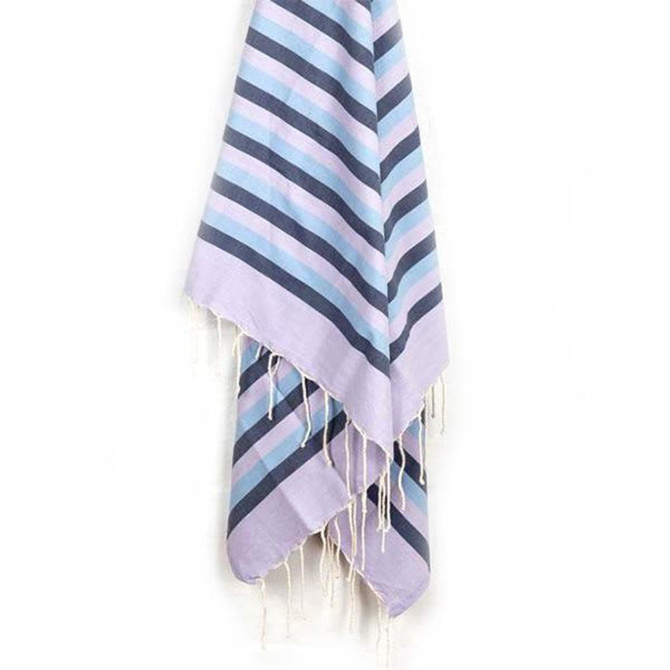 A blue and lilac striped beach towel with fringed ends, hanging against a white background.
