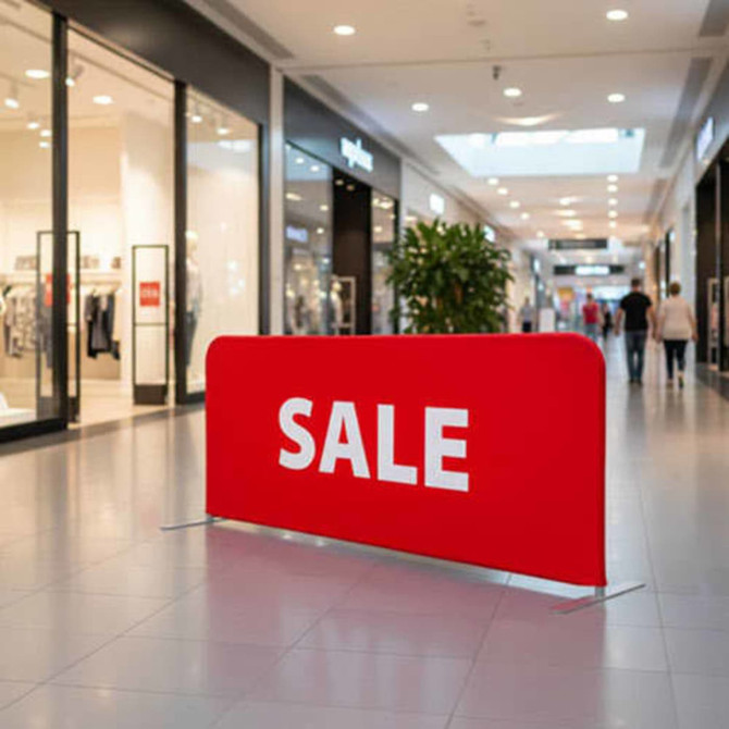 A red crowd control barrier with a logo, placed in a shopping mall between retail stores.