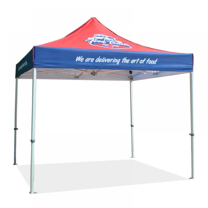 A red and blue printed marquee tent, measuring 3x3m, featuring a brand logo.