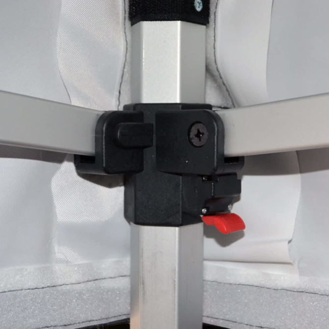 A close-up of a grey and black support joint for a 3x3m printed marquee, featuring a locking mechanism.