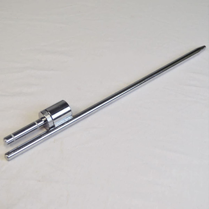 A silver metal pole set for a flag, featuring two sections and a circular base attachment.