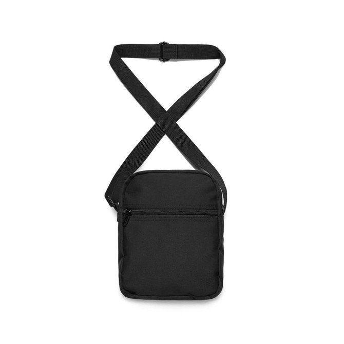 A black crossbody bag with a zipper pocket, featuring adjustable straps and a simple design.