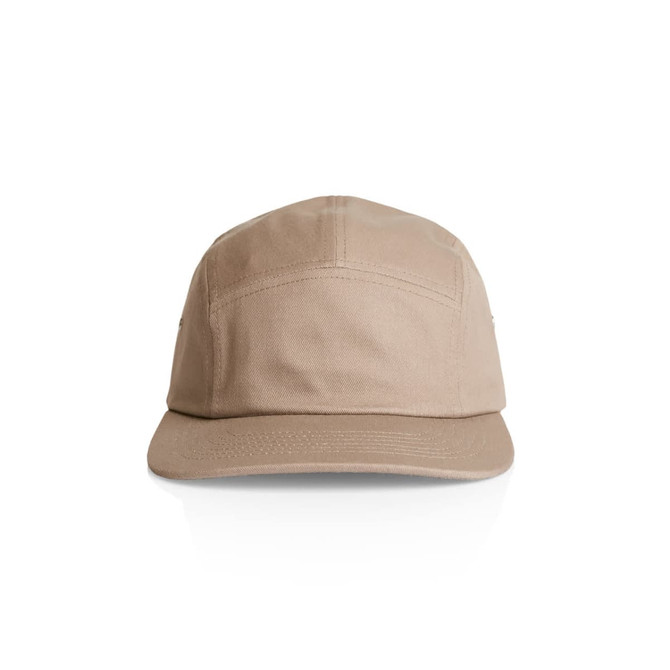 A light brown five-panel cap featuring a logo on the front and a curved brim.