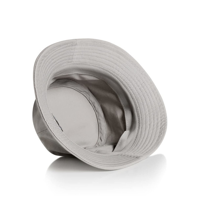 A grey bucket hat with a wide brim and an interior lining, featuring a logo on the inside.
