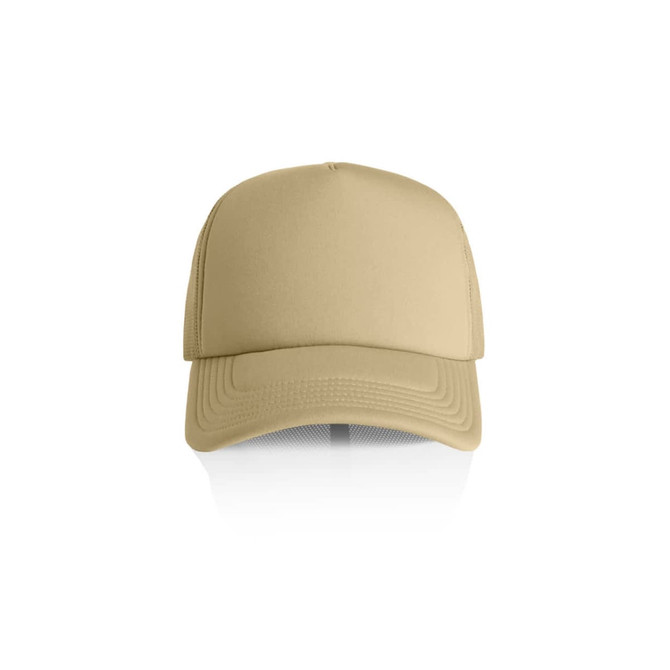 A tan foam trucker cap with a structured front and mesh back, featuring a logo on the front.