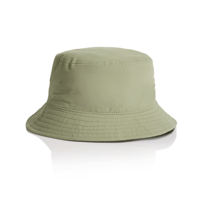 A light green nylon bucket hat with a structured brim and a logo on the side.