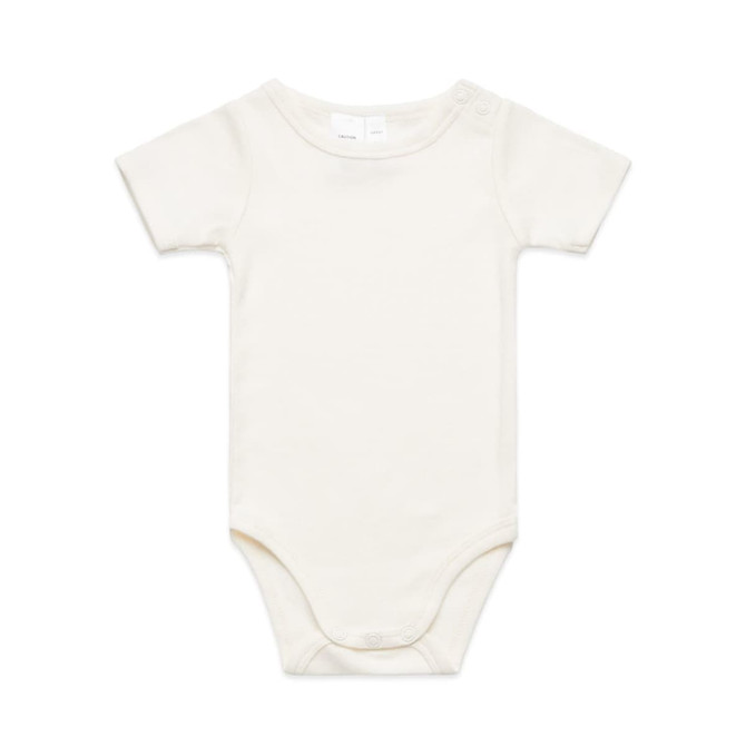 A cream-coloured infant one-piece with short sleeves and snap closures at the shoulder and bottom. It has a logo.