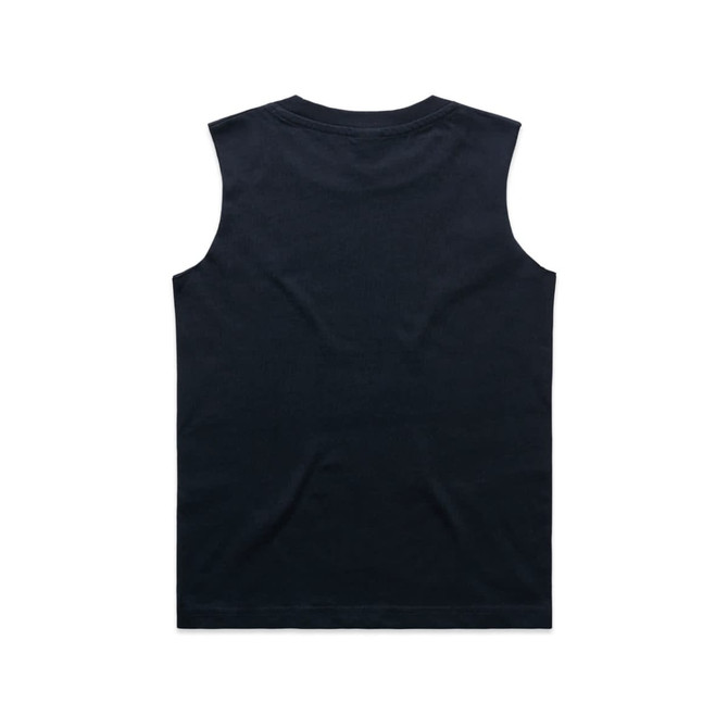 A black youth tank top with a sleeveless design and a plain back, featuring a small logo.
