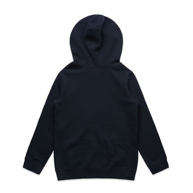 A navy blue hooded jumper with a kangaroo pocket and a hood at the back. Features a branding logo on the front.
