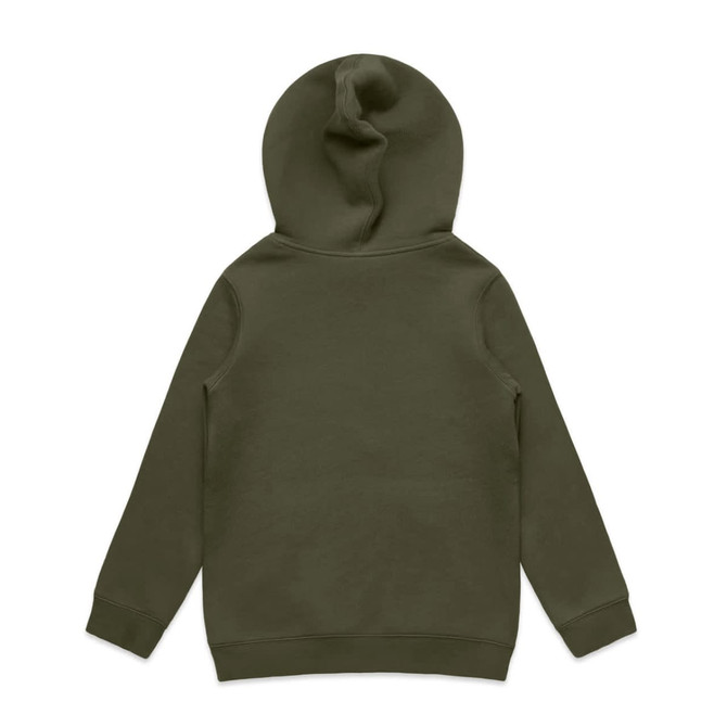 A green hoodie with a back view, featuring a hood and long sleeves. It has a smooth, plain surface and a logo.