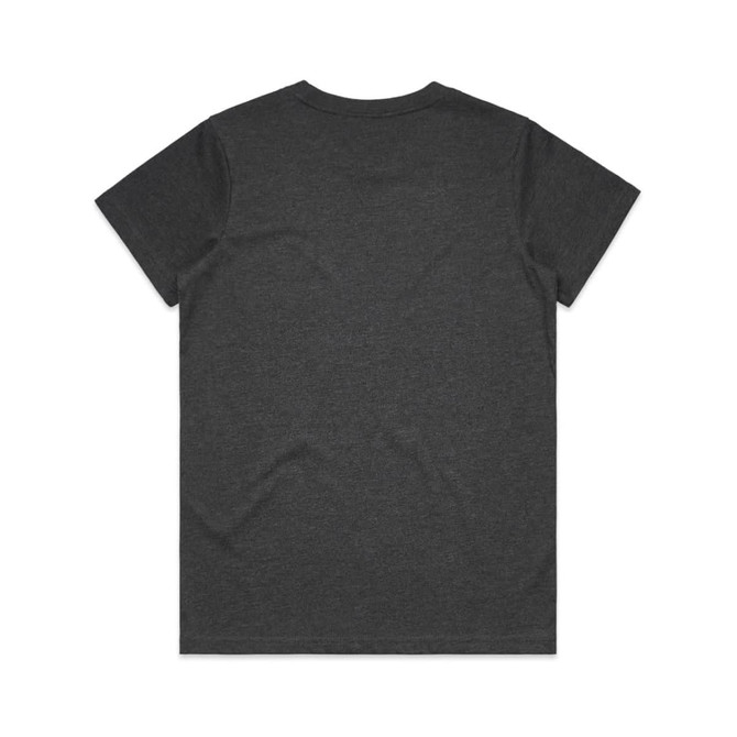 A dark grey t-shirt with a classic crew neck and short sleeves, featuring a logo on the back.