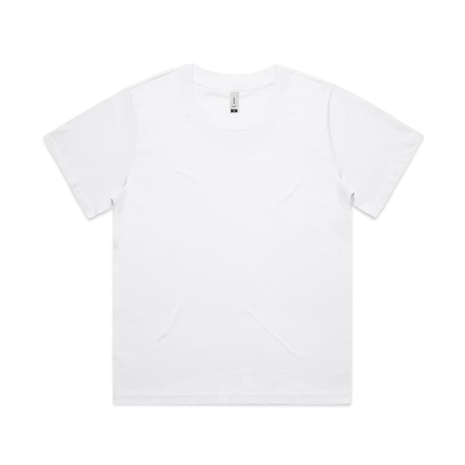 A white t-shirt with short sleeves, featuring a branded label on the neckline.