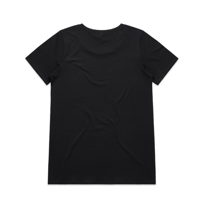 A plain black T-shirt with a classic crew neckline and short sleeves, featuring a logo on the back.