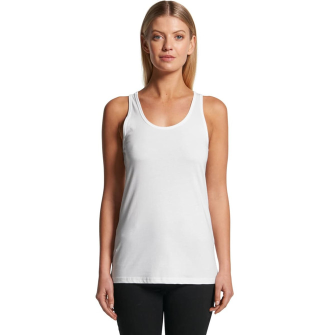 A white singlet top featuring a classic tank design, modelled by a woman standing straight, with a plain background.