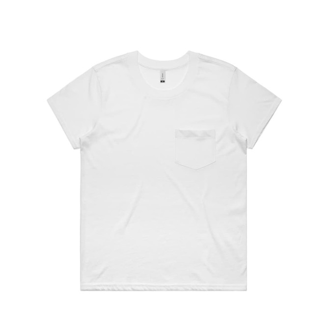 A white t-shirt featuring a pocket on the left side and a simple design. It includes a branding logo.