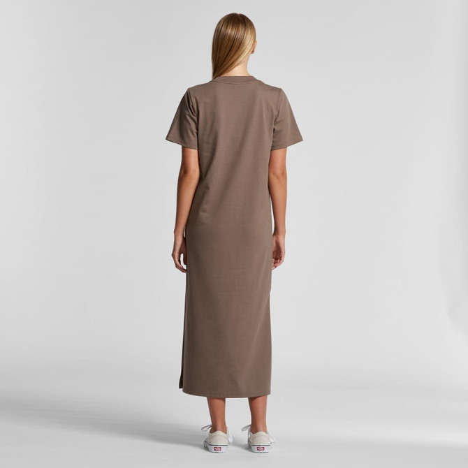 A long, brown dress with short sleeves and a side slit, featuring a visible logo on the back.