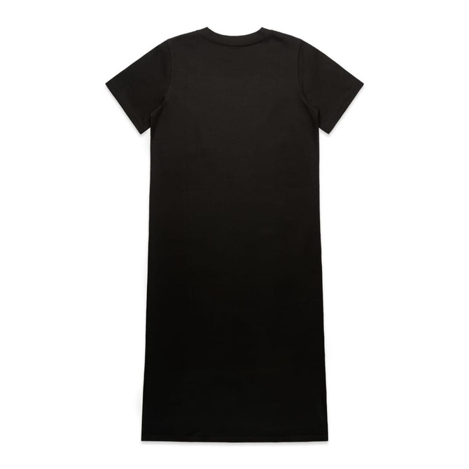 A black dress with short sleeves and a long, straight silhouette, featuring a logo on the back.