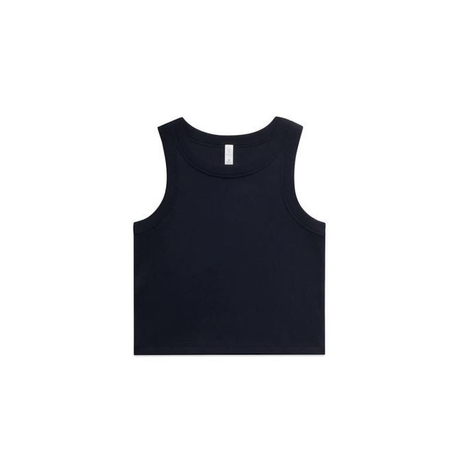 A navy ribbed crop tank top with wide armholes and a straight hem. The tank features a logo on the label.