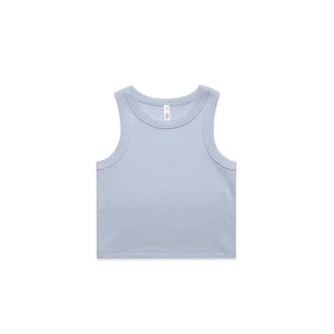 A light blue ribbed crop tank top with wide straps and a simple design. It has a logo on the label. A light blue ribbed crop tank top with wide straps and a simple design. It has a logo on the label.