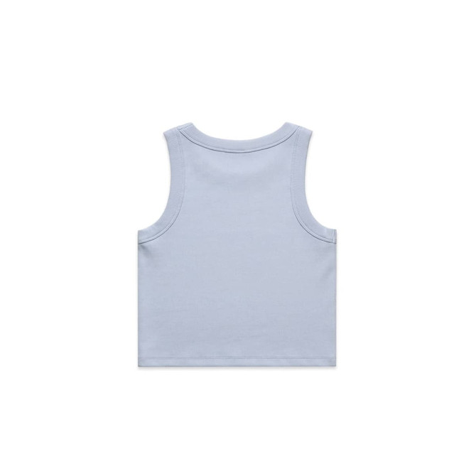 A light blue ribbed crop tank top with a sleeveless design and a logo on the back. A light blue ribbed crop tank top with a sleeveless design and a logo on the back.