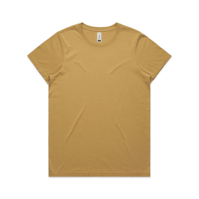 A mustard-coloured T-shirt with a round neckline and short sleeves. The shirt features a branding logo.